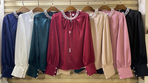 Pearl Round Neck Long Sleeves Satin Tops